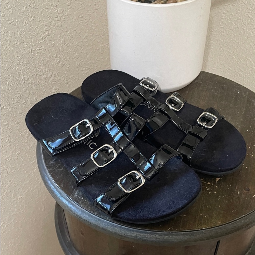 Vionic Black Patent Leather Slide Sandals